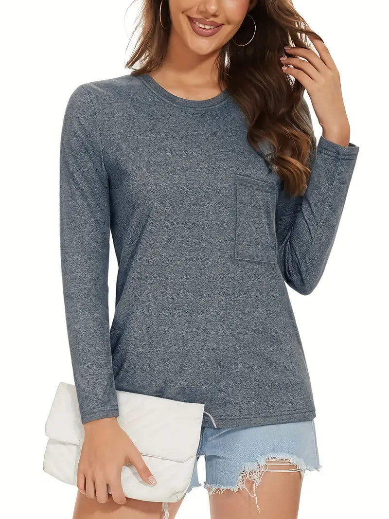 Women's Long Sleeve Solid Color Round Neck T-Shirt, Sportbekleidung für Frauen