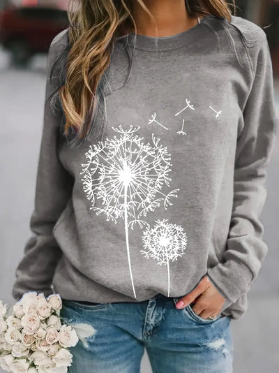 Dandelion Print Pullover Sweatshirt - Langarm, Crew Neck, Casual