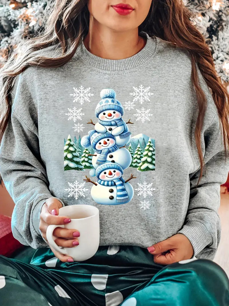 Schneemann Druck Pullover Sweatshirt, lässig lange Ärmel Rundhalsausschnitt Sweatshirt