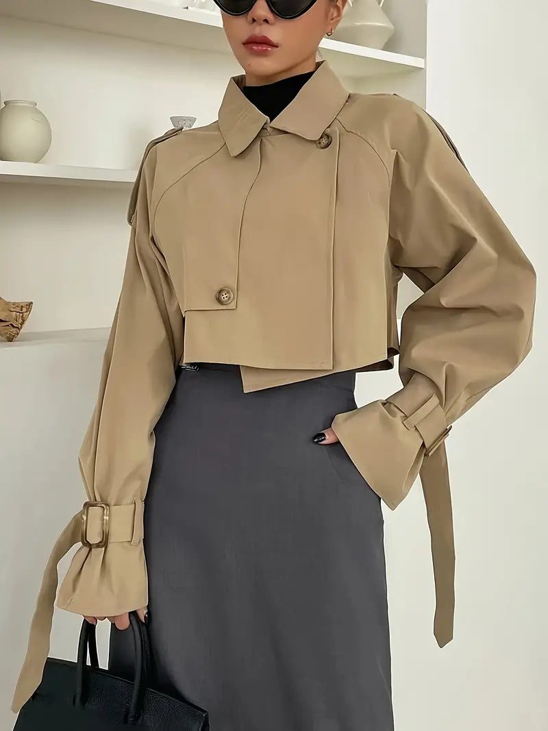 Einfarbiger doppelreihiger Trenchcoat, eleganter Mantel mit langen Ärmeln