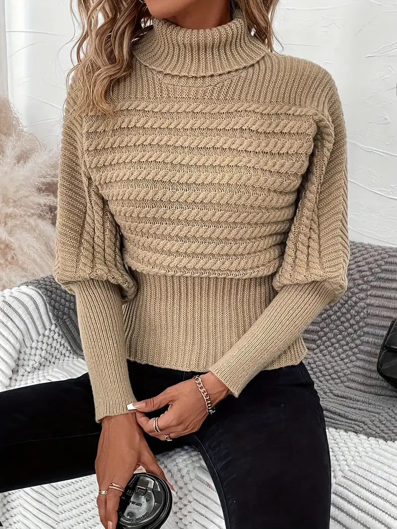 Rollkragenpullover mit Zopfmuster, Eleganter Pullover mit langen Ärmeln und schmaler Passform