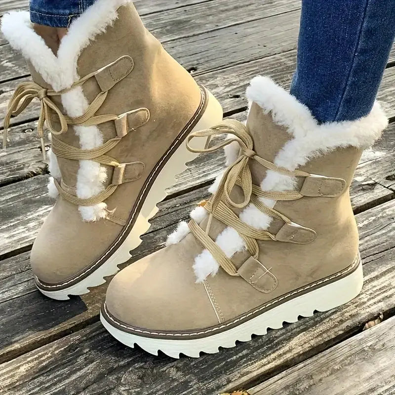 Flauschige Stiefel, Schnürung Plattform weiche Sohle Plüsch gefüttert Winterstiefel