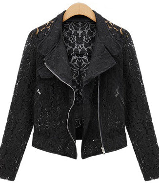 Damen Herbst Vollspitze Freizeit MetallreiBverschluss Kurze Bikerjacke