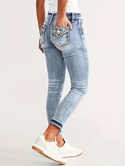 Damen-High-Waist-Skinny-Jeans mit Stickerei