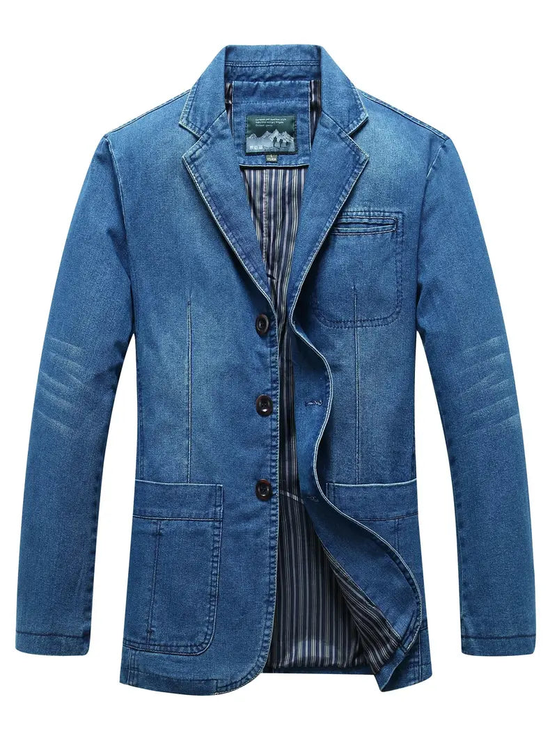 Langärmeliger einreihiger Denim-Blazer mit Tasche für Herren