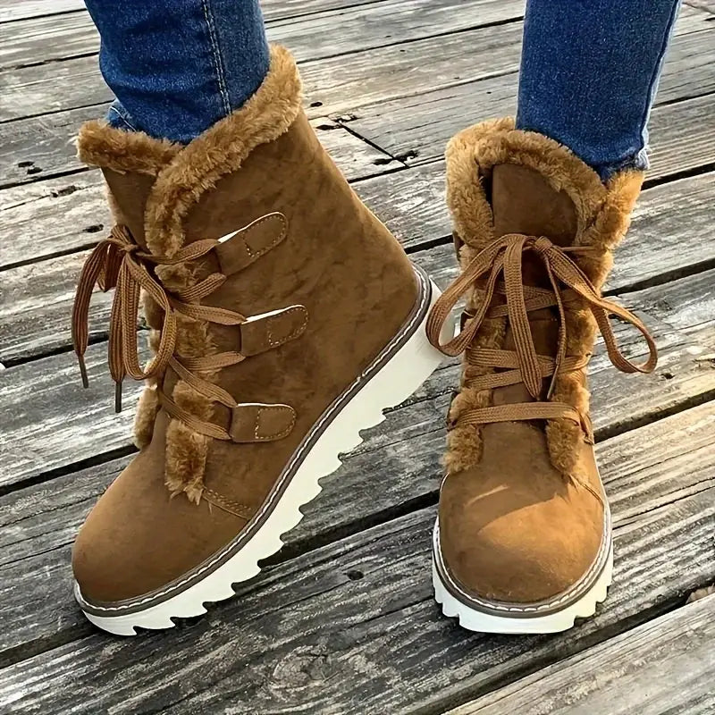 Flauschige Stiefel, Schnürung Plattform weiche Sohle Plüsch gefüttert Winterstiefel