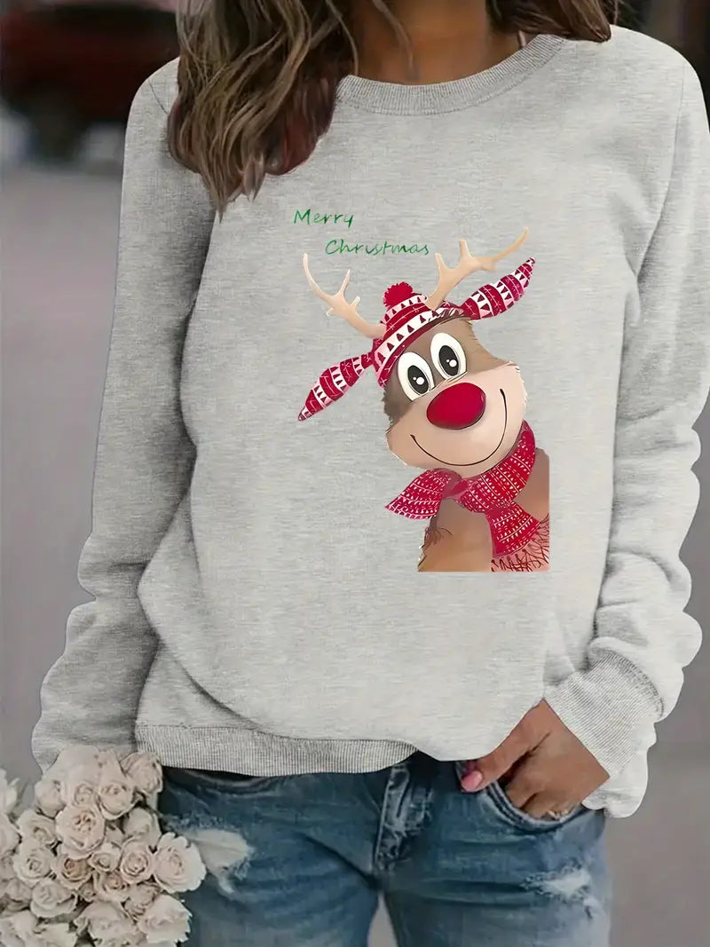 Cozy Fleece-Lined Christmas Reindeer Print Women's Sweatshirt