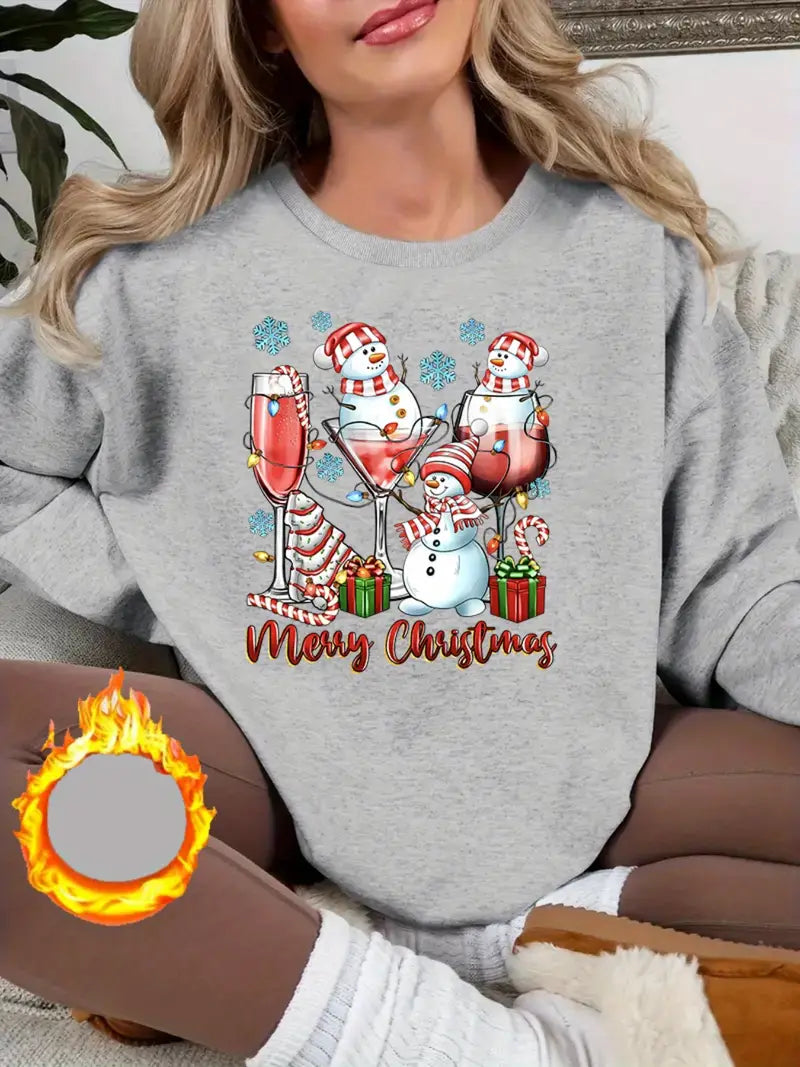 Kuscheliges Fleece-gefüttertes Weihnachts-Sweatshirt für Frauen - Festlicher Schneemann