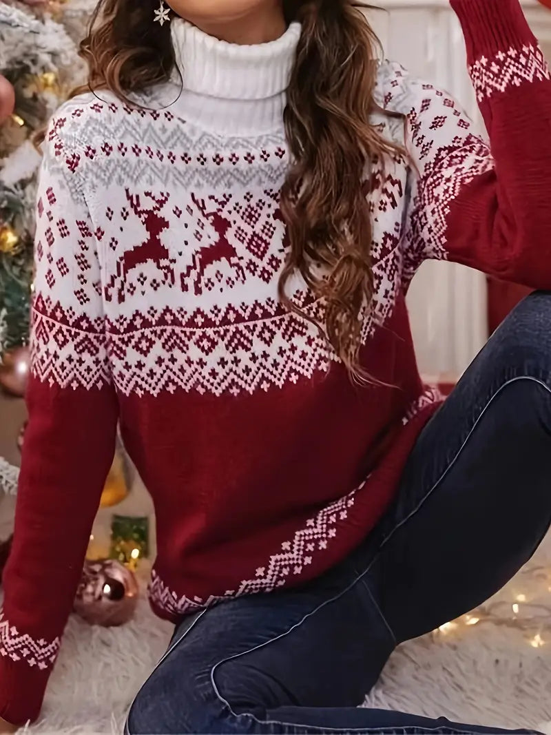 Pullover mit Hirschmotiv, lässiger Rollkragenpullover mit langen Ärmeln