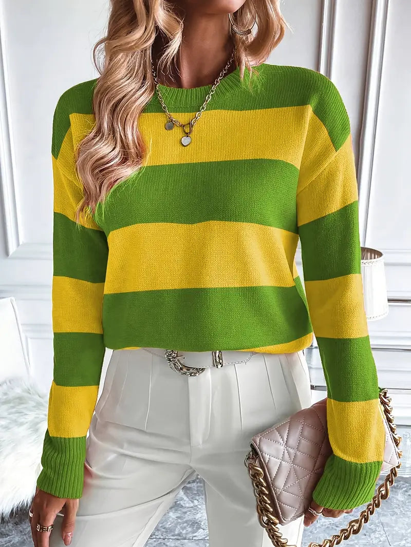 Stripe Color Block Sweater, Lässiger Langarmpullover mit Rundhalsausschnitt