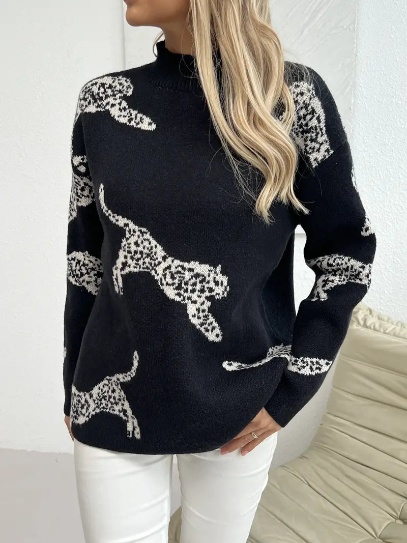 Leopardenmuster Mock Neck Pullover, Eleganter Langarmpullover