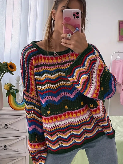 Strickpullover mit langen Ärmeln und farbigem Patchwork-Design