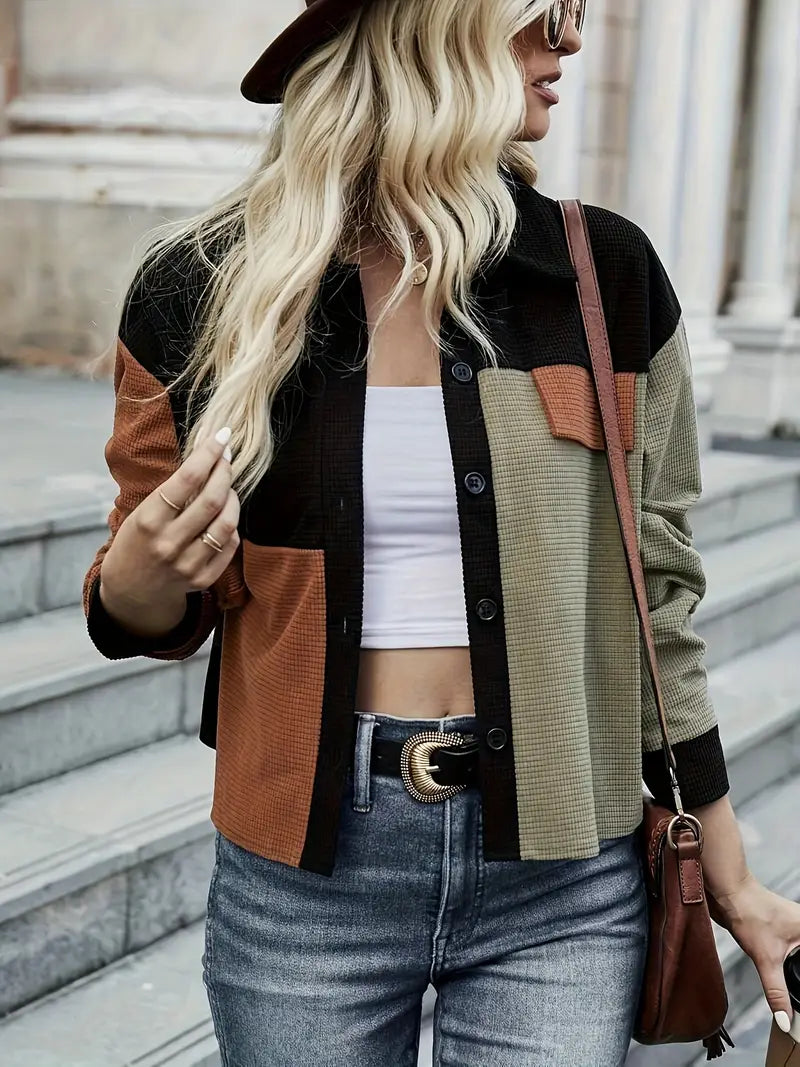 Color Block Drop Shoulder Jacket, Stylische Langarm Jacke mit Knopfleiste