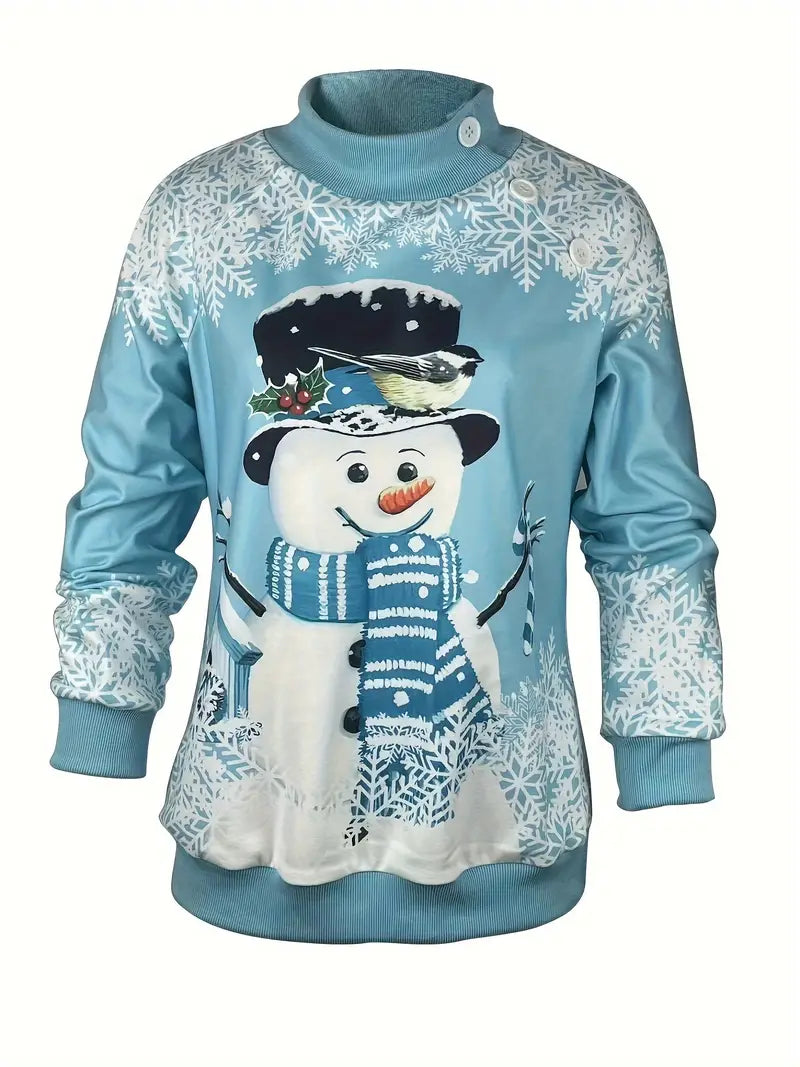 Schneemann Druck Pullover Sweatshirt, lässig lange Ärmel Knopf Mock Neck Sweatshirt