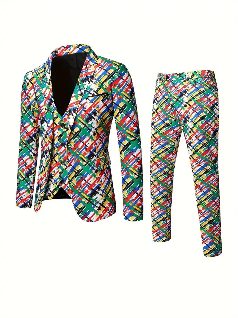 3-teiliger Blazer-Anzug mit Modeaufdruck für Männer