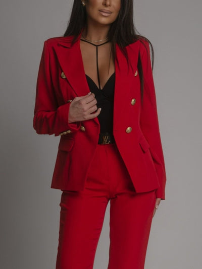 Einfarbiges Damen Blazer und Hosen Set mit Kragen und Gürtel