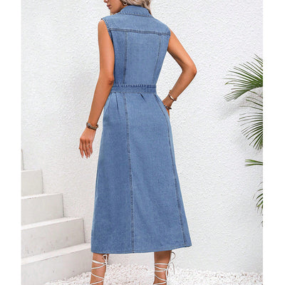 Ärmelloses Denim-Kleid mit Revers und Bindegürtel