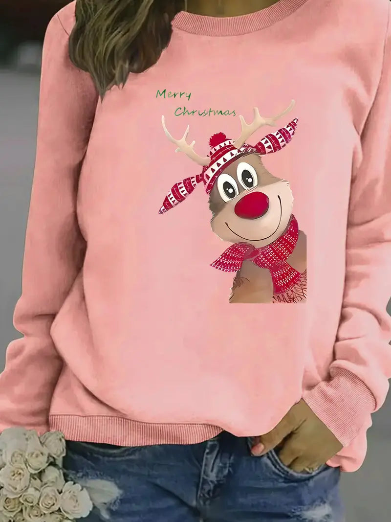 Cozy Fleece-Lined Christmas Reindeer Print Women's Sweatshirt