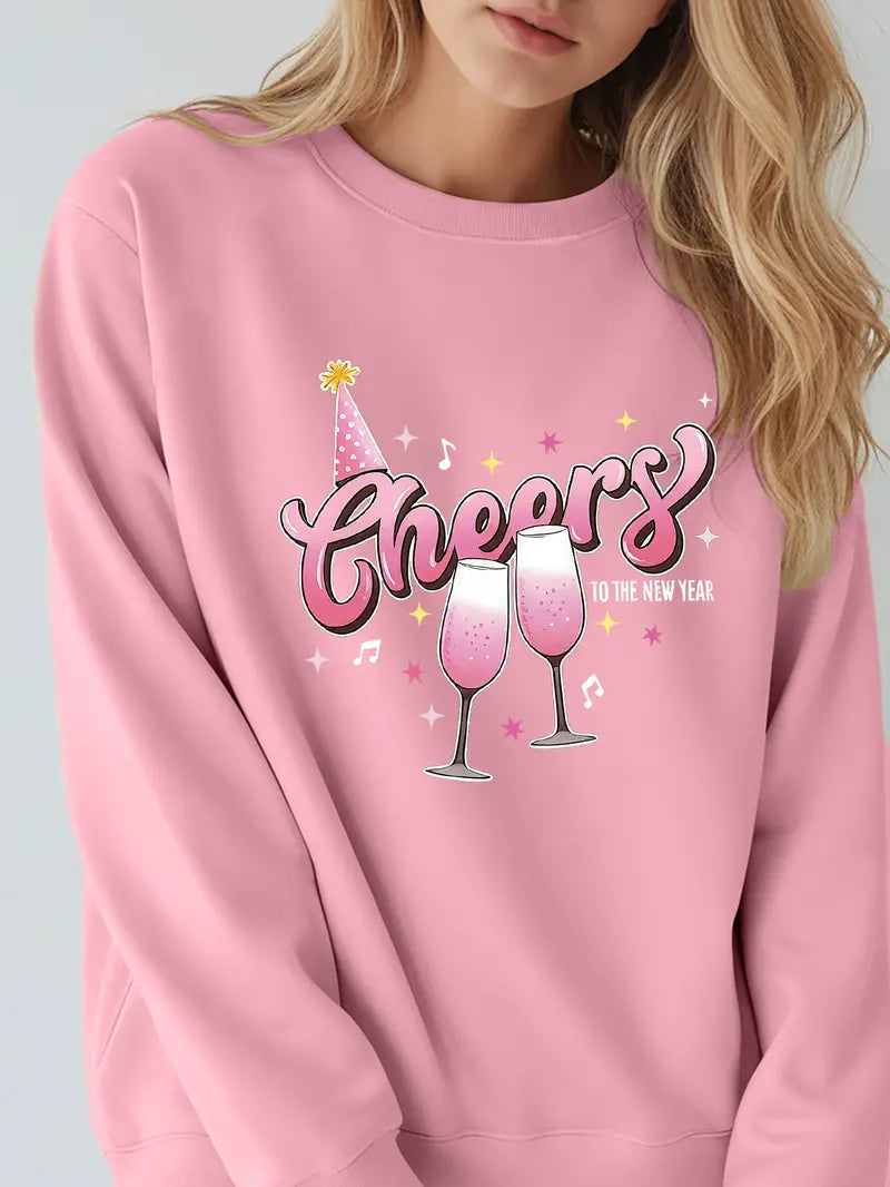 Sweatshirt, Lässiger Rundhals-Pullover, Polyester-Strick, Rosa