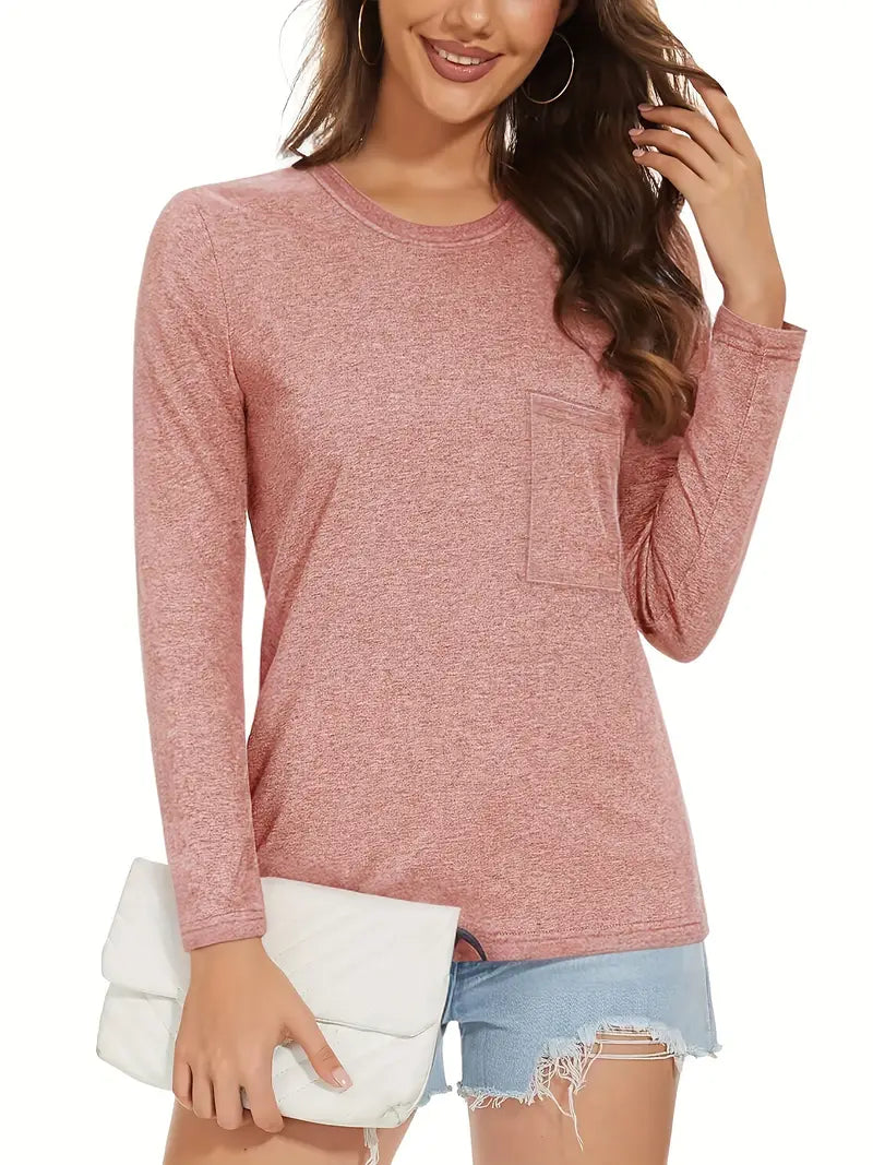 Women's Long Sleeve Solid Color Round Neck T-Shirt, Sportbekleidung für Frauen