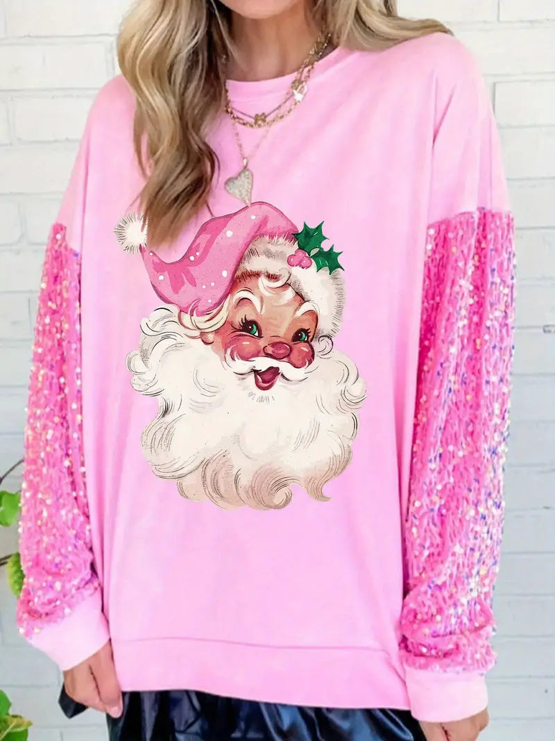 Weihnachts-Sweatshirt mit Pailletten-Print – Rosa, 100% Polyester