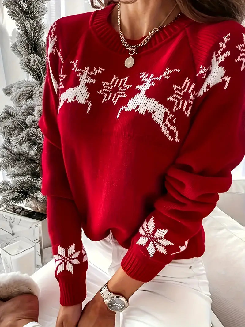 Gemütlicher Weihnachts-Rentier-Pullover mit Rundhalsausschnitt für Frauen