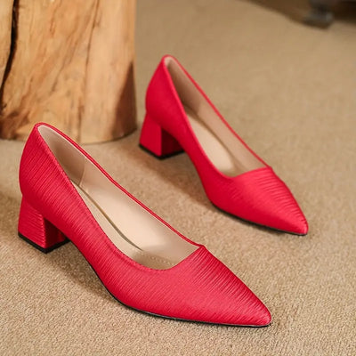 Elegante gestreifte Satin Pumps mit klobigem Absatz für Frauen