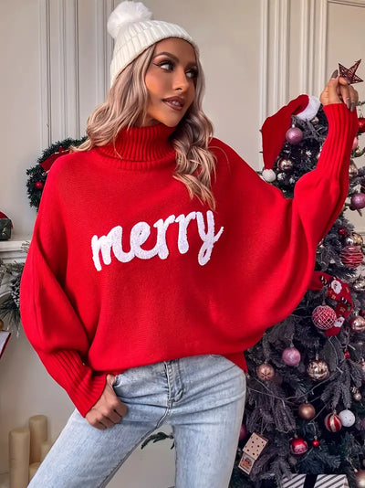 Fröhliche Weihnachten Muster Batwing Ärmel Pullover, Elegante Rollkragenpullover