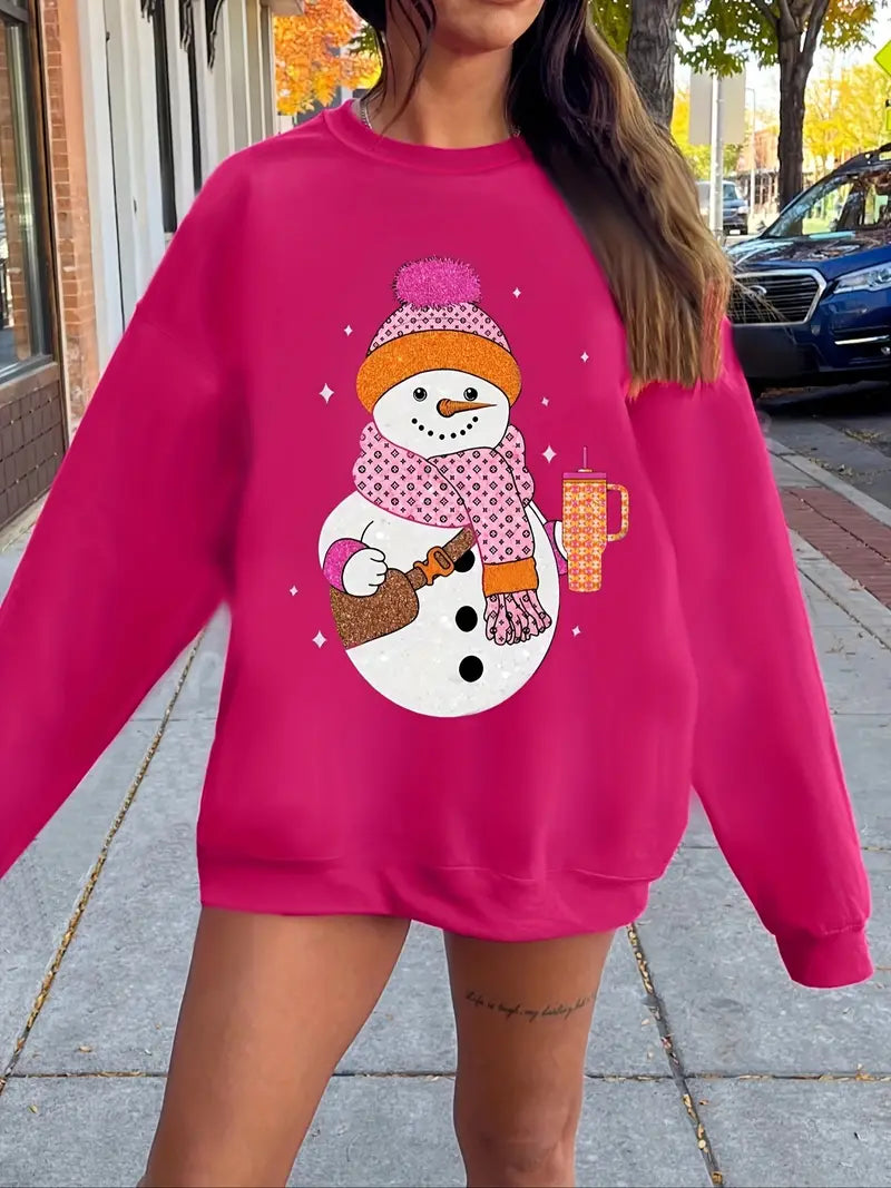 Stylish Pink Snowman Print Pullover Sweatshirt, lässig langärmlig