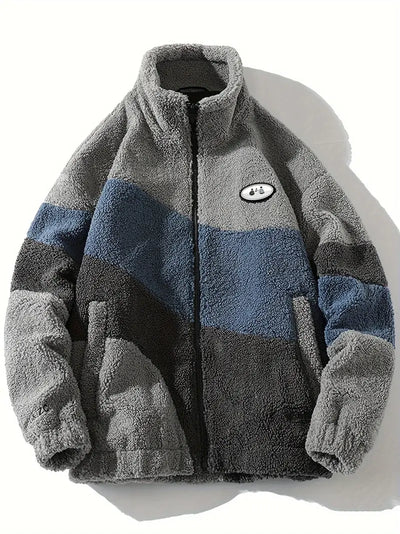 Farbe Block Fleece flauschige Jacke mit Taschen, lässig Stand Kragen Zip bis lange Ärmel