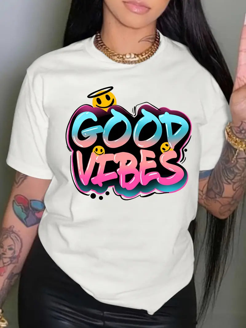 T-Shirt mit Rundhalsausschnitt und Good Vibes-Druck