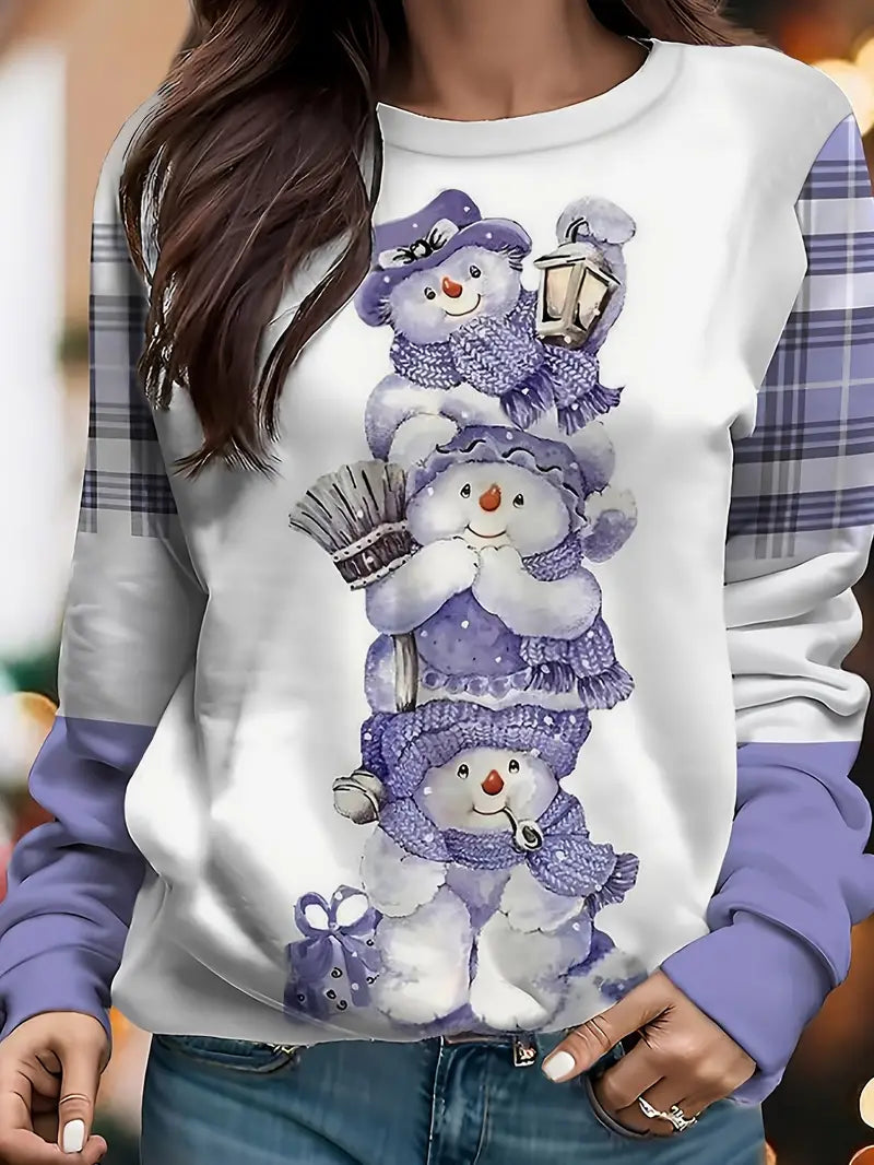 Schneemann-Sweatshirt für Frauen - Polyester-Strickgewebe, Rundhalsausschnitt