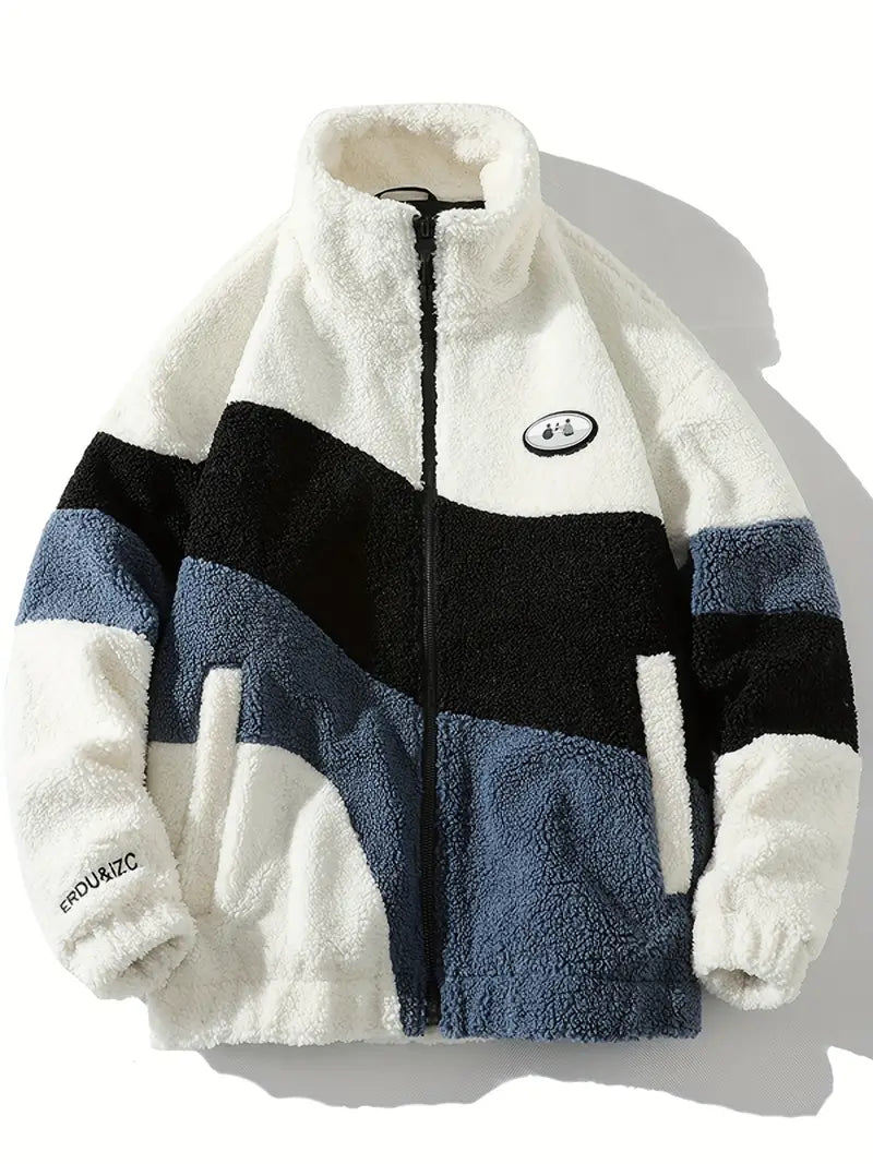 Farbe Block Fleece flauschige Jacke mit Taschen, lässig Stand Kragen Zip bis lange Ärmel