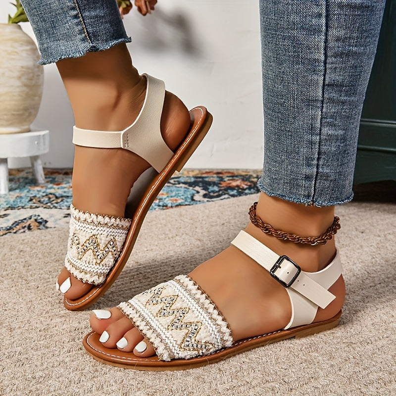 Verzierte Stoff Damen Sommer Sandalen – Schnallenverschluss, Offene Zehen & Bequem