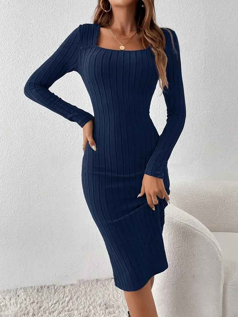 Rippenstrickkleid Bodycon-Passform mit quadratischem Ausschnitt