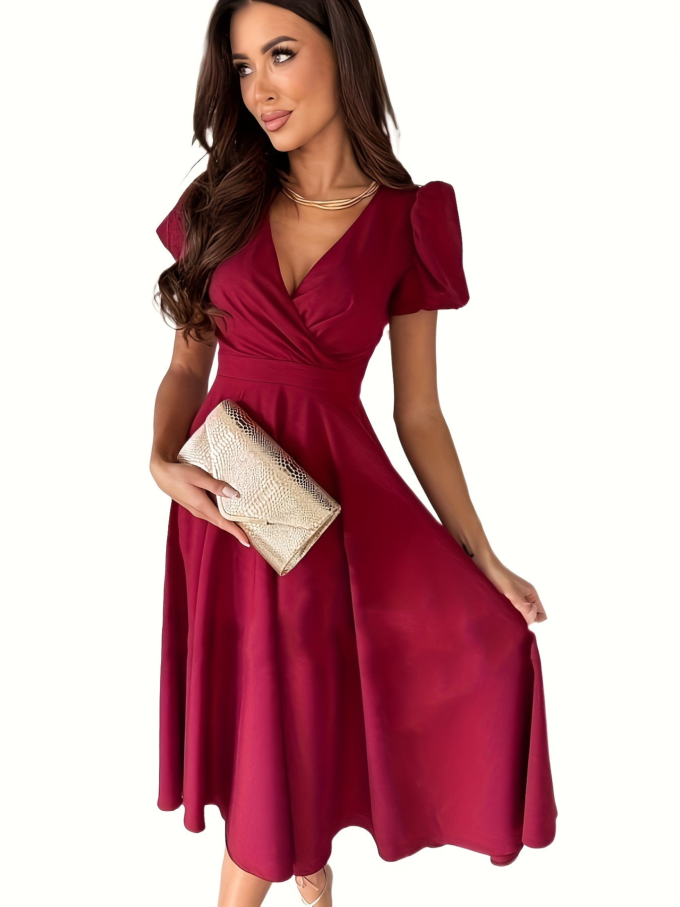 Swing-Kleid – Elegantes Sommerkleid mit V-Ausschnitt, Puffärmeln & Taillierter