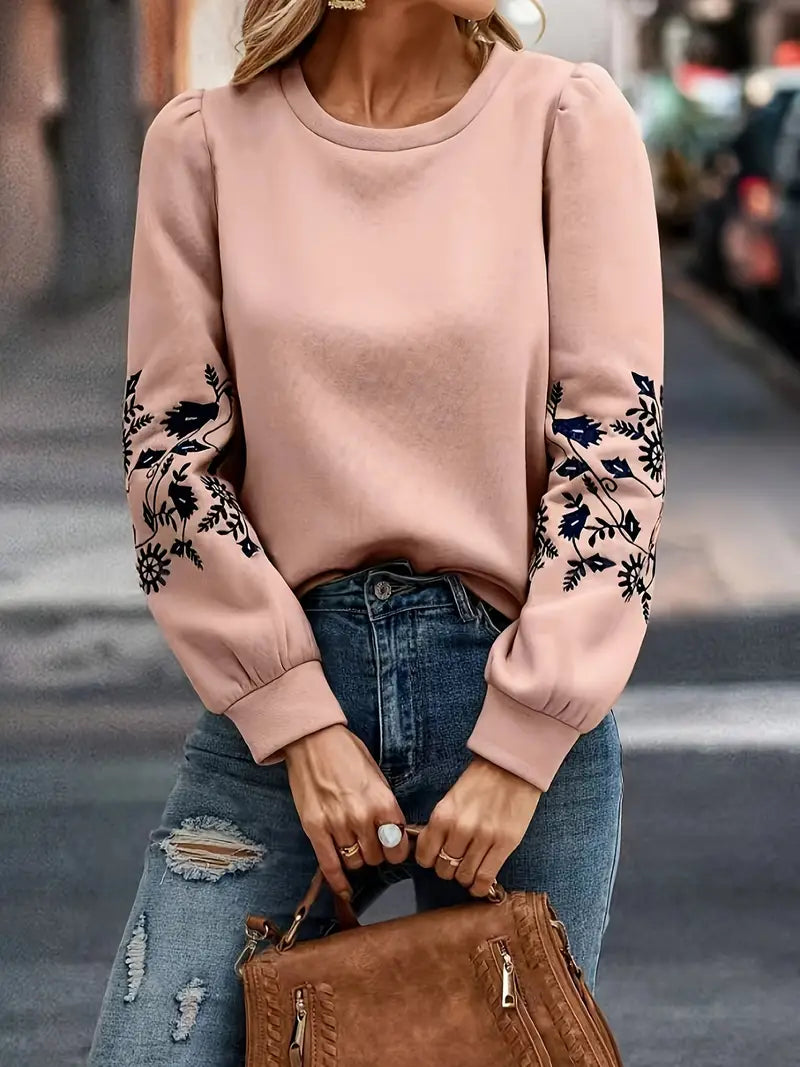 Elegantes Sweatshirt mit Rundhalsausschnitt und Blumenstickerei