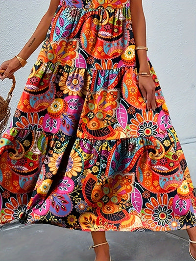 Sommerkleid mit Allover-Print Ärmelloses V-Ausschnitt Kleid mit Rüschen