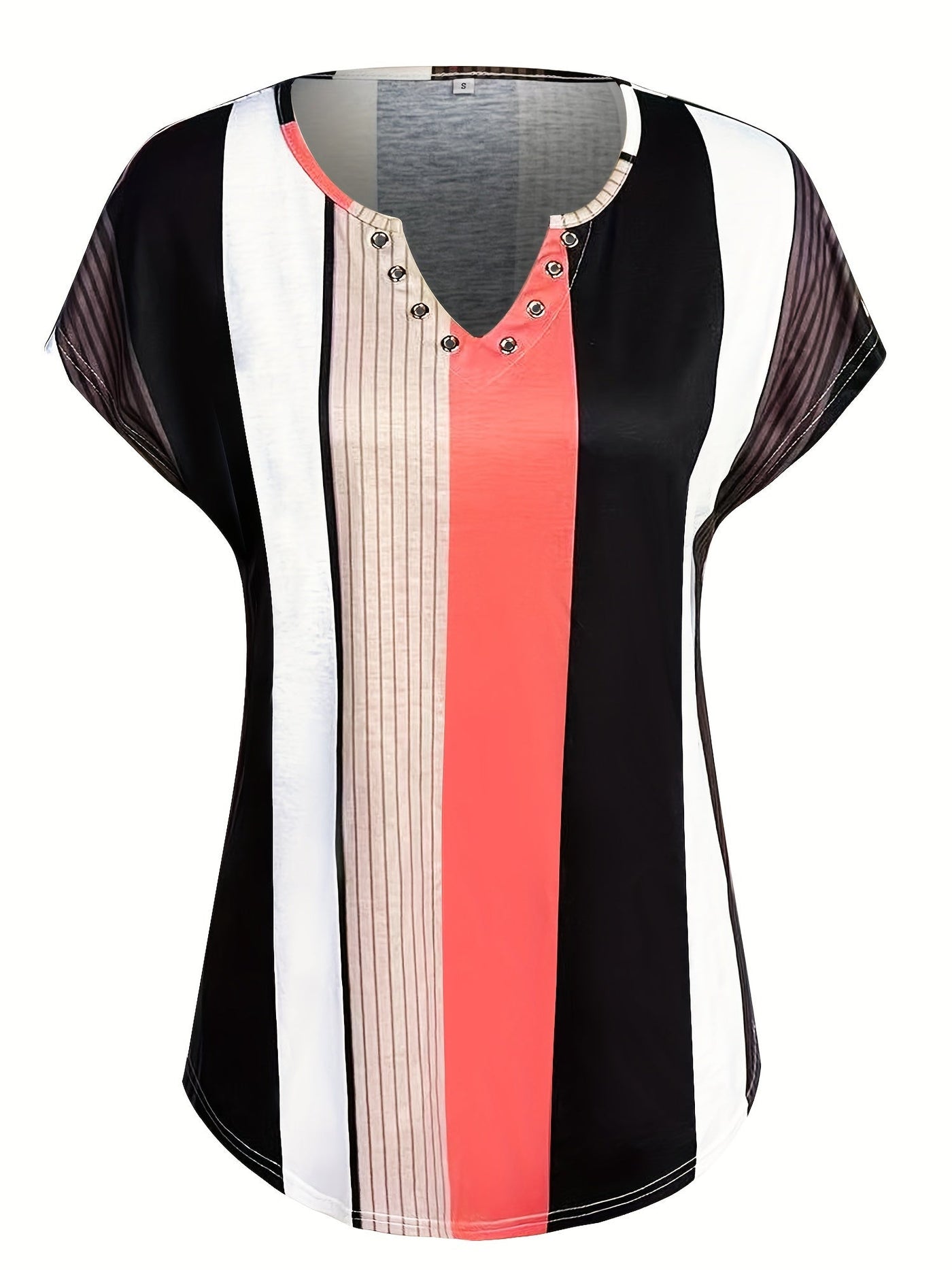 Leinen-Shirt – Damen Colorblock T-Shirt mit V-Ausschnitt, Kurzarm & Streifen