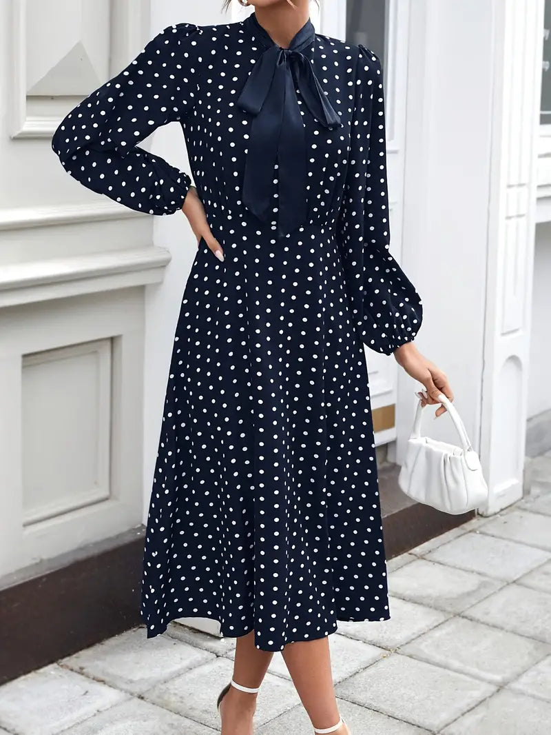 A-Linie Laternenärmel Vielseitiges Polka-Dot Kleid mit Krawattenausschnitt