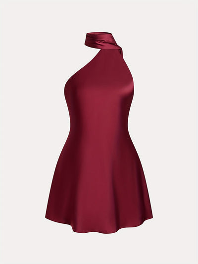 Satin-Kleid für Damen – Einfarbiges Neckholder-Bandeau Minikleid für Partys