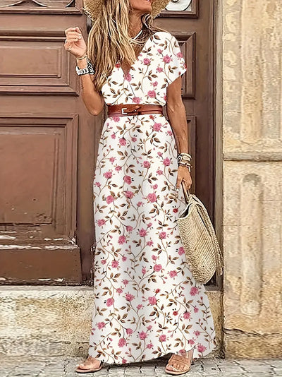 Roze - Florale Eleganz Boho Freizeitkleidung Maxi Langes Kleid