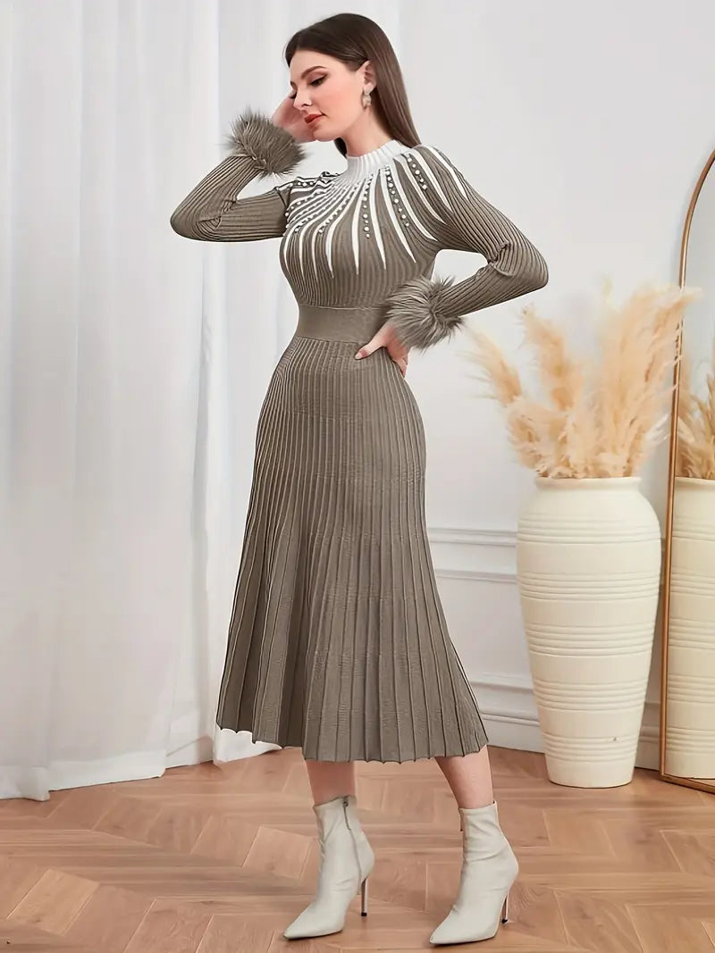 Hoch Tailliert Elegantes Langarm Strickkleid für Damen