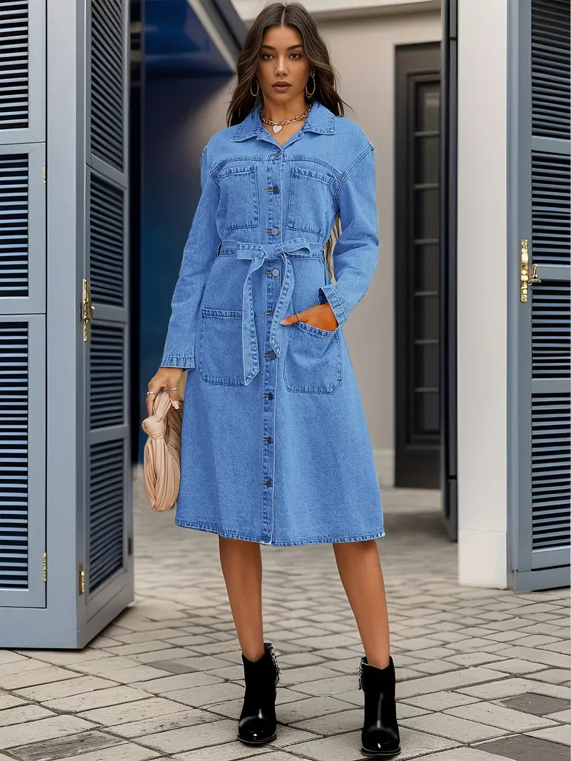 Blaues langärmeliges Denim-Kleid mit aufgesetzten Taschen