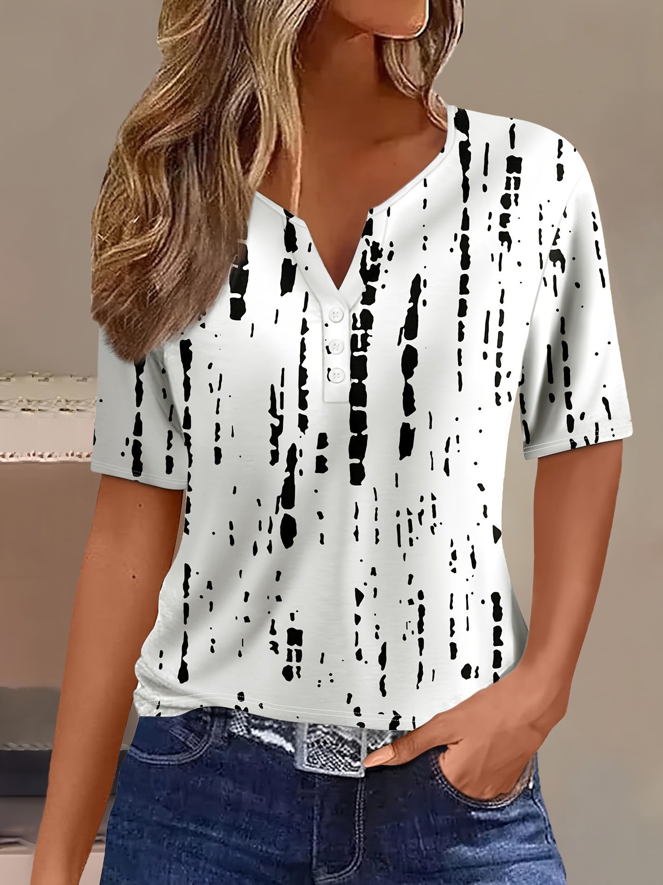 Sommer Leinen-Shirt Damen – Kurzarm T-Shirt mit Knopfleiste, V-Ausschnitt & modischem