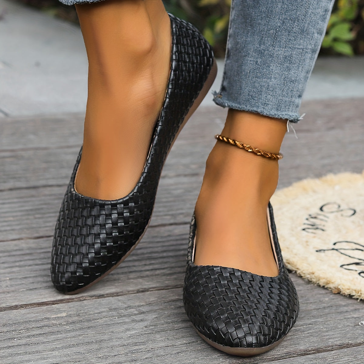 Geflochtene Detail Slip-On Flats für Frauen, spitze Zehe, weiche Sohle