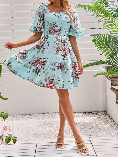 Blumenkleid Quadratischer Ausschnitt Kurzarm Rüschen