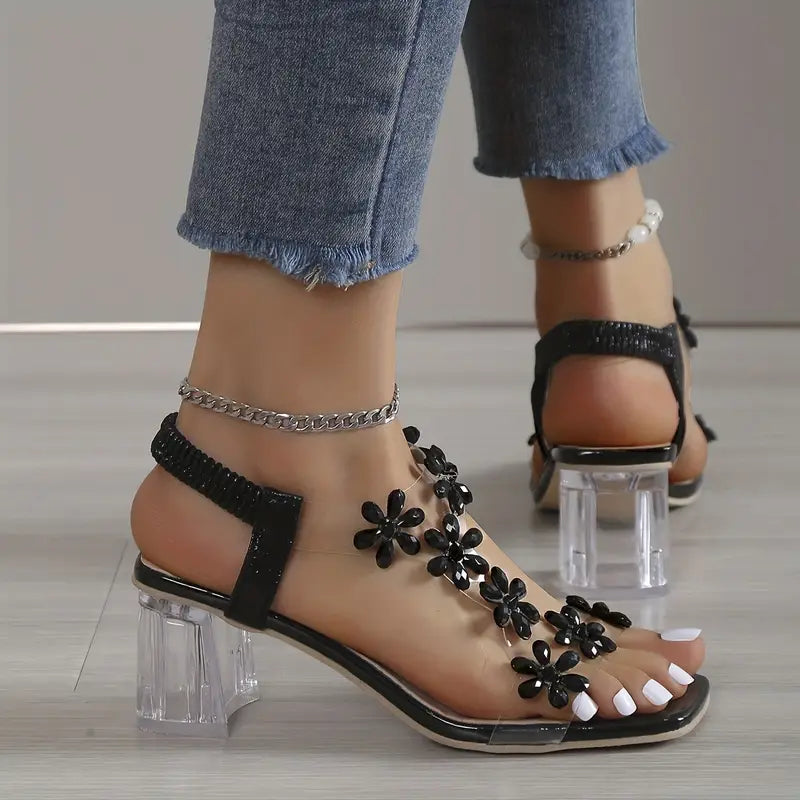 Blumen-Strass Blockabsatz Sandalen Offene Zehen Elastischer Riemen