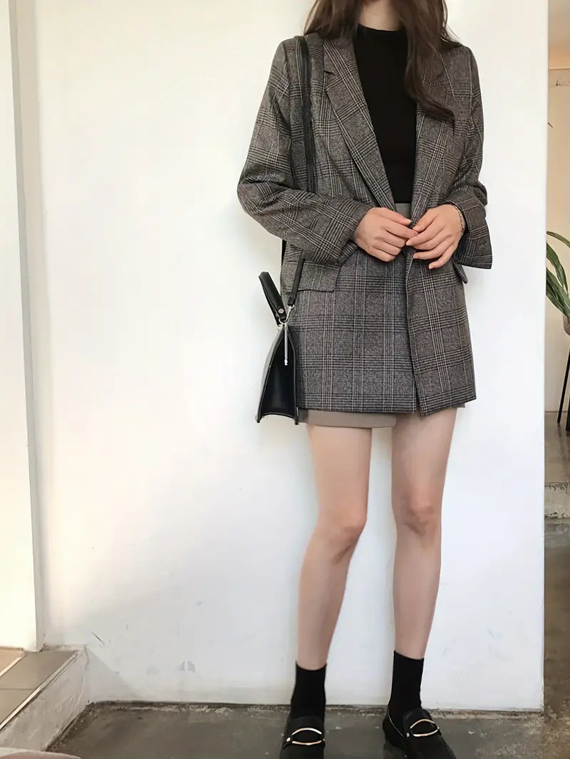 Vintage Plaid Blazer für Frauen - Langärmelige Anzugjacke mit Taschen