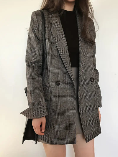 Vintage Plaid Blazer für Frauen - Langärmelige Anzugjacke mit Taschen